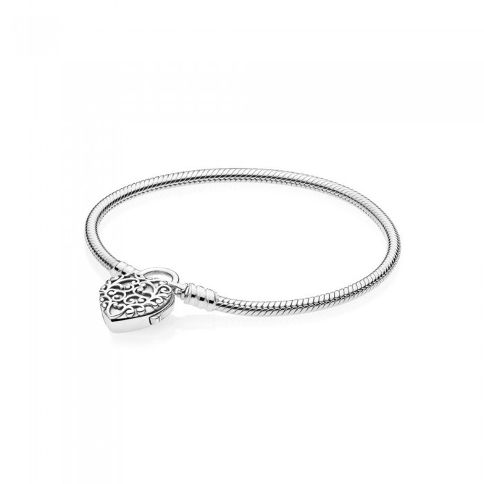 Pandora Bracelet-Smooth Silver Padlock-Regal Heart Jewelry