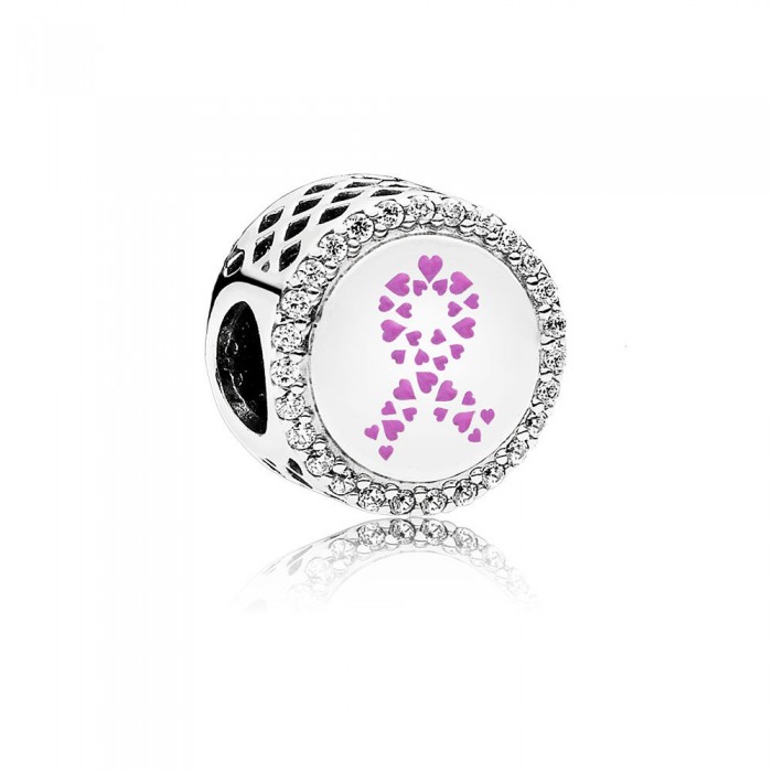 Pandora Charm-Ribbon of Strength-Pink Enamel and Clear CZ Jewelry