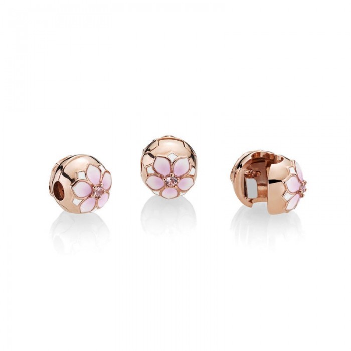 Pandora Charm-Magnolia Bloom Clip-Rose-Blush Pink Crystal Mixed Enamel Jewelry