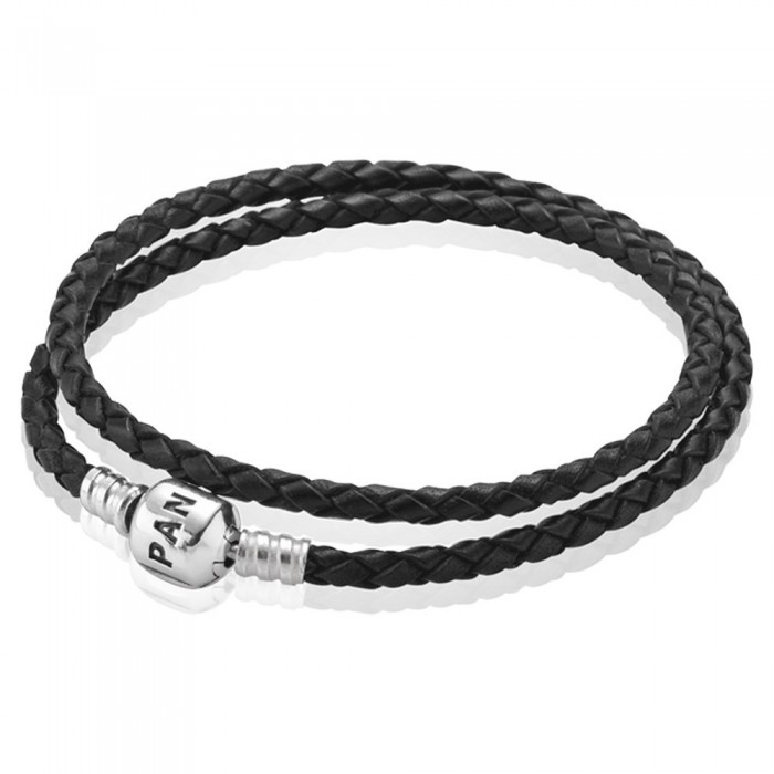 Pandora Bracelet-Black Double Braided-Leather Jewelry