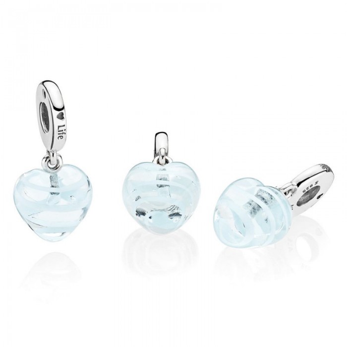 Pandora Charm-Blue Ribbon Heart Dangle-Murano Glass Jewelry