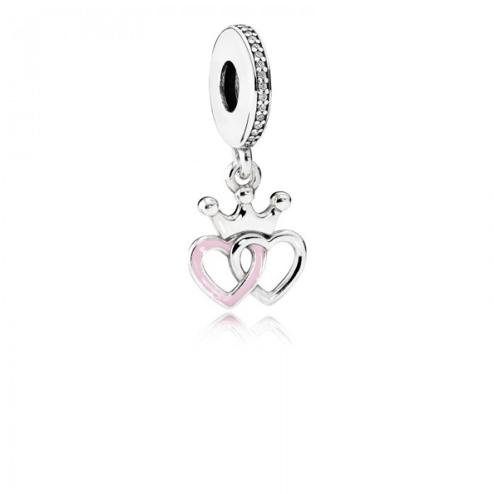 Pandora Charm-Crowned Hearts Dangle-Orchid Pink Enamel Clear CZ Jewelry