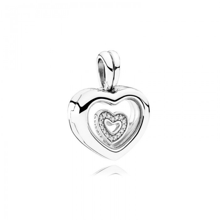 Pandora Charm-Floating Heart Locket-Sapphire Crystal Glass-Clear CZ Jewelry