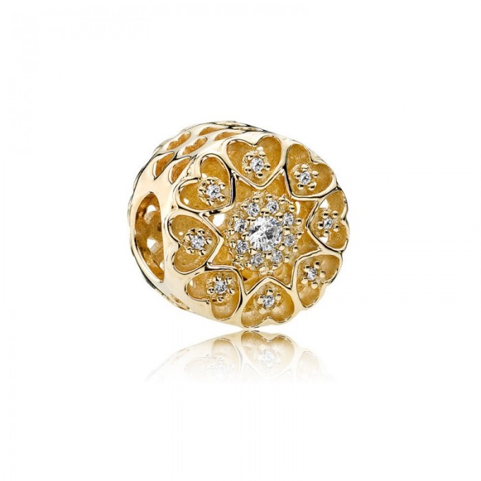 Pandora Charm-Hearts Gold-Clear CZ-14K Gold Jewelry