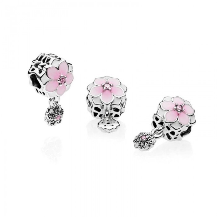 Pandora Charm-Magnolia Bloom-Pale Cerise Enamel-Pink Clear CZ Jewelry