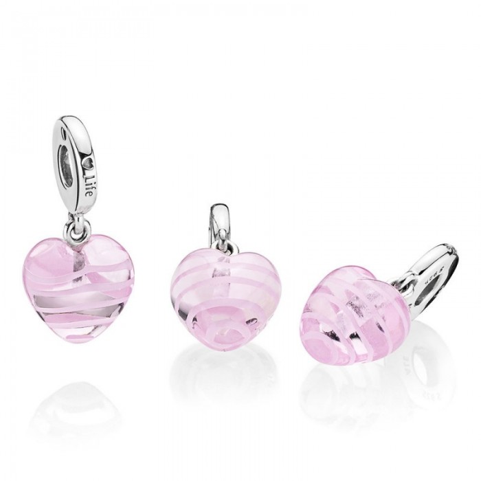 Pandora Charm-Pink Ribbon Heart Dangle-Murano Glass Jewelry