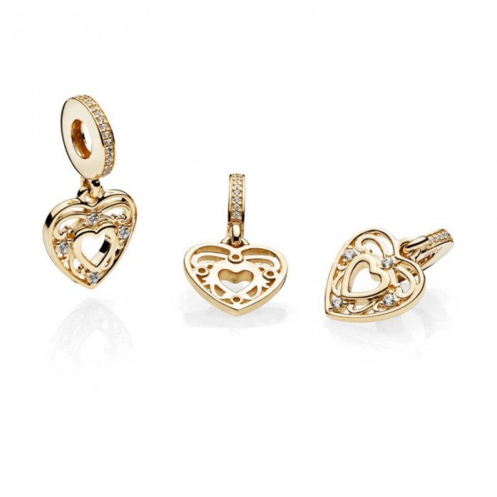 Pandora Charm-Romantic Heart Dangle-14K Gold-Clear CZ Jewelry
