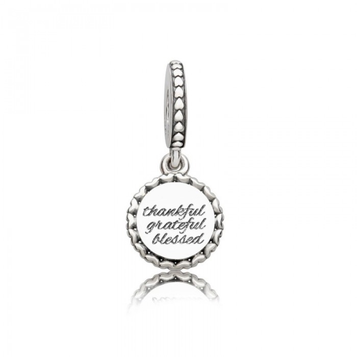 Pandora Charm-Thankful-Grateful-Blessed Dangle-Silver Enamel Jewelry